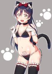 Rule 34 | 10s, 1girl, :d, animal ears, black thighhighs, bodypaint, bow, breasts, cat ears, choker, cleavage, cowboy shot, fake animal ears, frilled thighhighs, frills, gloves, hair between eyes, hair bow, hairband, long hair, looking at viewer, love live!, love live! school idol project, navel, open mouth, panties, paw pose, paw print, red bow, skull573, small breasts, smile, solo, sonoda umi, sukaru573, tail, text focus, thighhighs, underwear, wavy mouth, yellow eyes