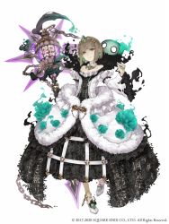 Rule 34 | 1girl, aqua eyes, bare shoulders, birdcage, black dress, brown hair, cage, chain, detached collar, dress, earrings, flat chest, flower, frills, full body, fur trim, gretel (sinoalice), hansel (sinoalice), high heels, highres, holding, holding staff, jewelry, ji no, looking at viewer, male focus, nail polish, nightmare (sinoalice), official art, sinoalice, solo, square enix, staff, tiara, white background, wide sleeves