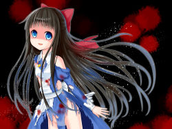 Rule 34 | 1girl, aya drevis, black hair, blood, blood on clothes, blue eyes, bow, empty eyes, female focus, hair bow, long hair, looking at viewer, mad father, no panties, setona (daice), shaded face, solo, torn clothes