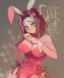 Rule 34 | 1girl, ace (playing card), ace of hearts, animal ears, artist name, blue eyes, blush, bow, bowtie, breasts, card, code geass, curvy, embarrassed, fake animal ears, heart, highleg, highleg leotard, highres, holding, holding card, kouzuki kallen, lac., large breasts, leotard, looking at viewer, pantyhose, pink leotard, playboy bunny, playing card, rabbit ears, red hair, short hair, simple background, solo, strapless, strapless leotard, thong leotard