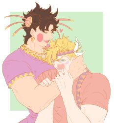 Rule 34 | 2boys, battle tendency, between breasts, blonde hair, blush, breast padding, breasts, brown hair, caesar anthonio zeppeli, crossdressing, dress, earrings, face between breasts, facial mark, feather hair ornament, feathers, flapping, flat color, green eyes, hair ornament, head between breasts, jewelry, jojo no kimyou na bouken, joseph joestar, joseph joestar (tequila), joseph joestar (young), kong (kdo7), lipstick, makeup, male focus, multiple boys, muscular, muscular male, pink dress, rouge (makeup), triangle print