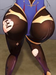 Rule 34 | 1girl, artist request, ass, ass focus, bent over, from behind, genshin impact, head out of frame, highres, huge ass, japanese text, kneeling, legs, leotard, lower body, mona (genshin impact), pixiv9959001, pov, shade, solo, stuck, thigh gap, thighhighs, thighs, through wall, torn clothes, torn thighhighs, tree