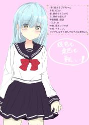 Rule 34 | 1girl, 7 calpis 7, text background, black sailor collar, black skirt, blue hair, blush, bow, brown eyes, character profile, closed mouth, commentary request, hair between eyes, head tilt, highres, long hair, long sleeves, original, pink background, pleated skirt, red bow, sailor collar, school uniform, serafuku, shirt, sketch, skirt, sleeves past wrists, solo, translation request, white shirt
