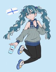 1girl absurdres aqua_eyes aqua_hair bare_shoulders black_pants blue_background blue_footwear blush can commentary doodlelotl drink_can english_commentary finnish_clothes finnish_flag full_body hair_ornament hairclip hatsune_miku highres holding holding_can long_hair looking_at_viewer multicolored_hair pants plaid_clothes plaid_footwear simple_background smile solo sweater twintails vocaloid white_hair worldwide_miku