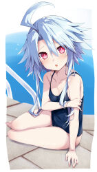 Rule 34 | 1girl, ahoge, bare legs, bare shoulders, blue hair, blue one-piece swimsuit, highres, iwashi dorobou -r-, light blue hair, looking at viewer, neptune (series), one-piece swimsuit, power symbol, power symbol-shaped pupils, red eyes, short hair with long locks, sidelocks, sitting, swimsuit, symbol-shaped pupils, white heart (neptunia)
