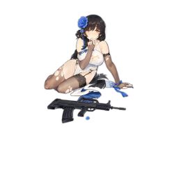 Rule 34 | 1girl, assault rifle, black hair, blue bow, blue flower, bow, breasts, brown gloves, brown thighhighs, bullpup, closed mouth, elbow gloves, flower, full body, garter straps, girls&#039; frontline, gloves, gun, hair between eyes, hair flower, hair ornament, hand to own mouth, large breasts, long hair, looking at viewer, nishiro ryoujin, official alternate costume, official art, qbz-95, rifle, shoes, sitting, solo, thighhighs, torn clothes, torn thighhighs, transparent background, type 95 (girls&#039; frontline), very long hair, weapon, white footwear, yellow eyes