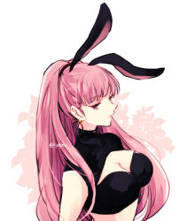 Rule 34 | 1girl, animal ears, bad id, bad twitter id, breasts, rabbit ears, cleavage, closed mouth, earrings, fake animal ears, female focus, fire emblem, fire emblem: three houses, hilda valentine goneril, jewelry, large breasts, long hair, matching hair/eyes, naho (pi988y), nintendo, pink eyes, pink hair, ponytail, simple background, solo, twitter username, upper body, white background
