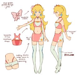 Rule 34 | 1girl, alternate costume, alternate hairstyle, blonde hair, blue eyes, boots, character name, character sheet, checkered ribbon, commentary, earrings, english commentary, english text, high heel boots, high heels, highres, jewelry, jivke, knee boots, looking at viewer, looking to the side, mario (series), mario kart, multiple views, navel, nintendo, pale skin, panties, ponytail, princess peach, ribbon, short shorts, shorts, simple background, skirt, star (symbol), string panties, thighhighs, underwear, white background