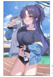 Rule 34 | 1girl, :o, absurdres, blue archive, blue eyes, blue jacket, blue sky, border, bottle, breasts, buruma, cloud, day, duzizai, gym uniform, hand up, highres, holding, jacket, lanyard, large breasts, lens flare, midriff, navel, off shoulder, official alternate costume, open mouth, outdoors, purple hair, shirt, sky, thighs, tied shirt, track and field, track jacket, water bottle, white border, yuuka (blue archive), yuuka (track) (blue archive)