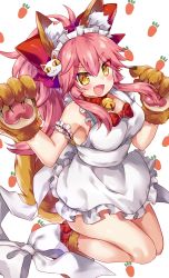 Rule 34 | 1girl, animal ear fluff, animal ears, animal hands, apron, bad id, bad pixiv id, bell, blush stickers, breasts, cat hair ornament, cat paws, cleavage, collar, fangs, fate/grand order, fate (series), fox ears, fox tail, gloves, hair ornament, jingle bell, large breasts, long hair, looking at viewer, maid headdress, naked apron, neck bell, open mouth, paw gloves, paw shoes, pink hair, ponytail, shoes, solo, tail, tamamo (fate), tamamo cat (fate), tamamo cat (third ascension) (fate), tatara maguro