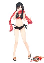 Rule 34 | 1girl, absurdres, alternate costume, bikini, black bikini, black hair, breasts, cleavage, coffee-kizoku, copyright name, full body, hair ornament, highres, long hair, looking at viewer, medium breasts, open mouth, red eyes, red scarf, scarf, simple background, solo, standing, swimsuit, sword, tenka hyakken, weapon, white background