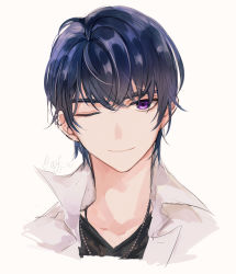 Rule 34 | 1boy, asafuji asora, black shirt, closed mouth, highres, jacket, jewelry, looking at viewer, male focus, marius von hagen (tears of themis), necklace, one eye closed, purple eyes, purple hair, shirt, short hair, simple background, smile, solo, tears of themis, white background, white jacket