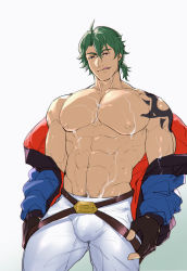 Rule 34 | 1boy, :q, abs, bara, bare pectorals, bulge, chachi (soulga), fingerless gloves, gloves, green hair, harness, jacket, joe (sk8), large pectorals, male focus, medium hair, muscular, muscular male, navel, navel hair, nipples, off shoulder, open clothes, open jacket, pants, pectorals, sexually suggestive, shoulder tattoo, sk8 the infinity, solo, stomach, suggestive fluid, tattoo, thick thighs, thighs, tight clothes, tight pants, tongue, tongue out, white pants