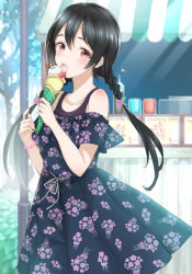 Rule 34 | 1girl, alternate hairstyle, bare shoulders, black dress, black hair, bracelet, braid, collarbone, commentary request, crepe, day, dress, floral print, food, hair between eyes, holding, holding food, jewelry, licking, long hair, looking at viewer, love live!, love live! school idol festival, love live! school idol project, low twintails, market stall, off-shoulder dress, off shoulder, outdoors, pleated dress, print dress, red eyes, sakasa (guranyto), short sleeves, solo, tongue, tongue out, twin braids, twintails, very long hair, yazawa nico