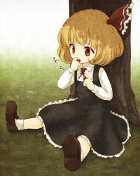 Rule 34 | 1girl, ascot, bad id, bad pixiv id, blonde hair, child, eating, female focus, outdoors, red eyes, rumia, shoes, short hair, sitting, socks, solo, touhou, tree, urin