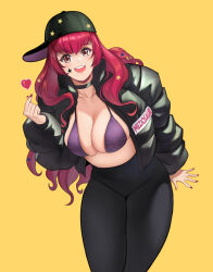 Rule 34 | 1girl, alternate costume, artist name, baseball cap, bikini, bikini top only, black choker, black hat, black jacket, black pants, blush, breasts, brown eyes, choker, cleavage, commentary, contemporary, english commentary, finger heart, fingernails, fire emblem, fire emblem engage, hair ornament, hat, heart, jacket, large breasts, long hair, long sleeves, meziosaur, nintendo, open clothes, open jacket, open mouth, pants, purple bikini, red hair, red nails, simple background, smile, solo, star (symbol), star hair ornament, swimsuit, teeth, upper teeth only, wavy hair, yellow background, yoga pants, yunaka (fire emblem)