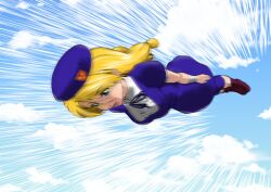 Rule 34 | 1girl, bandages, beret, blonde hair, blue eyes, edmond honda, flying, gameplay mechanics, hat, highres, long hair, mahha warabi, open mouth, parody, shijou hinako, solo, street fighter, sumo, the king of fighters, twintails