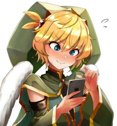 Rule 34 | 1boy, androgynous, angel wings, blonde hair, blue eyes, blush, cellphone, detached sleeves, doro9363, elona, feathered wings, green hat, green sleeves, hat, highres, holding, holding phone, jester cap, kumiromi of harvest, looking at phone, medium hair, phone, smartphone, trap, white wings, wings