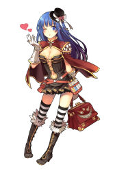 Rule 34 | 1girl, black hat, black thighhighs, blowing kiss, blue eyes, blue hair, blush, boots, bow, breasts, brown dress, brown footwear, caduceus, cape, cleavage, commentary request, creator (ragnarok online), dress, flower, frilled hat, frills, full body, fur-trimmed footwear, fur trim, gloves, hat, hat bow, hat flower, long hair, looking at viewer, medium breasts, over-kneehighs, pink flower, pouch, ragnarok online, red cape, short dress, simple background, solo, strapless, strapless dress, teeth, thighhighs, top hat, tsuki miso, vial, white background, white bow, white gloves, white thighhighs
