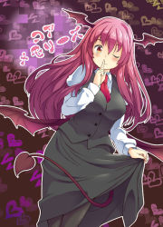 Rule 34 | 1girl, ;), bat wings, black pantyhose, breasts, clothes lift, demon tail, dress shirt, dutch angle, finger to mouth, head wings, heart, juliet sleeves, koakuma, long hair, long sleeves, looking at viewer, low wings, necktie, one eye closed, pantyhose, puffy sleeves, red eyes, red hair, red necktie, shirt, skirt, skirt lift, skirt set, smile, solo, tail, tanasuke, taut clothes, touhou, translated, vest, white shirt, wings