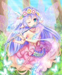 Rule 34 | 1girl, absurdres, aqua eyes, bare arms, blush, bracelet, bug, butterfly, colored eyelashes, crown, dress, earrings, fairy, fairy wings, feathers, flower, flute, gem, head wreath, highres, insect, instrument, jewelry, long hair, nail polish, nature, necklace, one eye closed, original, pearl (gemstone), pink nails, pointy ears, purple hair, ring, sleeveless, sleeveless dress, solo, strapless, strapless dress, tree, veil, water, wings, wink