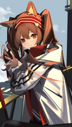 Rule 34 | 1girl, absurdres, angelina (arknights), animal ear fluff, animal ears, arknights, blush, breasts, brown hair, chichi guai, coat, day, fox ears, fox girl, hair between eyes, hairband, highres, hood, hood down, infection monitor (arknights), jacket, long hair, long sleeves, looking at viewer, open clothes, outdoors, red eyes, red hairband, smile, solo, twintails, upper body, white jacket