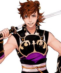 Rule 34 | 1boy, armor, brown eyes, brown hair, fire emblem, fire emblem fates, highres, hinata (fire emblem), katana, male focus, nintendo, ponytail, scar, simple background, sinnygoto, solo, sword, weapon, white background