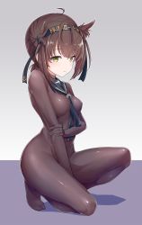 Rule 34 | 1girl, ahoge, anchor symbol, between breasts, black bodysuit, black hairband, black neckerchief, black sailor collar, blush, bodysuit, breasts, brown hair, closed mouth, clothes writing, full body, gradient background, grey hair, hair flaps, hairband, hand on own arm, hatsuzuki (kancolle), highres, kantai collection, konnyaku (kk-monmon), looking at viewer, low ponytail, medium breasts, medium hair, neckerchief, on one knee, sailor collar, skin tight, solo