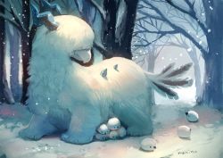 Rule 34 | artist name, bad id, bad pixiv id, commentary request, furry, horns, manino (mofuritaionaka), no humans, original, outdoors, scenery, snow, tail, tree