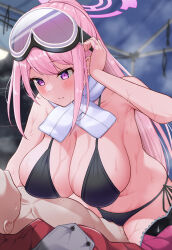 Rule 34 | 1boy, 1girl, bare arms, bikini, black bikini, blue archive, blush, breast press, breasts, cameltoe, cleavage, cleft of venus, closed mouth, commentary request, cowboy shot, eimi (blue archive), eimi (swimsuit) (blue archive), girl on top, goggles, goggles on head, hair between eyes, halo, hand up, hetero, highres, huge breasts, large breasts, leaning forward, long hair, looking at another, looking down, nekojima, night, outdoors, pink hair, pink halo, ponytail, purple eyes, side-tie bikini bottom, sidelocks, skindentation, smile, solo focus, straddling, straight hair, swimsuit, very long hair, wet