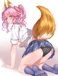 Rule 34 | 1girl, absurdres, all fours, animal ear fluff, animal ears, ass, black panties, blue skirt, blush, breasts, closed mouth, collared shirt, dress shirt, fate/extra, fate (series), fox ears, fox girl, fox tail, grey socks, highres, kamehito, kneehighs, large breasts, long hair, looking at viewer, looking back, official alternate costume, panties, pink hair, shirt, sidelocks, skirt, sleeves rolled up, smile, socks, solo, tail, tamamo (fate), tamamo no mae (fate/extra), twintails, underwear, white shirt, yellow eyes