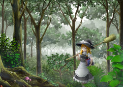 Rule 34 | 1girl, = =, bad id, bad pixiv id, black hat, blonde hair, book, bow, broom, closed eyes, day, facing away, forest, hair bow, hat, hat bow, hat ribbon, holding, holding book, holding broom, kirisame marisa, long hair, mushroom, nature, outdoors, ragi (schrdngr), ribbon, scenery, solo, standing, touhou, tree, white bow, white ribbon, witch hat