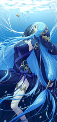 Rule 34 | 1girl, absurdres, air bubble, azura (fire emblem), bare legs, black dress, blue hair, blue ribbon, breasts, bubble, commentary request, dress, feet out of frame, fire emblem, fire emblem fates, from side, hair between eyes, highres, jewelry, long hair, looking up, low-tied long hair, medium breasts, nintendo, parted lips, pendant, poppy (poppykakaka), profile, ribbon, solo, thighs, underwater, veil, very long hair, yellow eyes