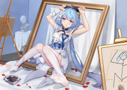 Rule 34 | 1girl, ahoge, armpit crease, arms up, beret, blue hair, dress, full body, griseo, griseo (starry impression), hair ornament, hat, honkai (series), honkai impact 3rd, long hair, looking at viewer, open mouth, petals, portrait (object), purple eyes, single sleeve, sitting, soles, solo, statue, thighhighs, toes, twintails, white dress, white sleeves, white thighhighs, yiduan zhu