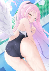 Rule 34 | absurdres, alternate costume, alternate hairstyle, angel wings, ass, blue archive, competition swimsuit, feathered wings, finger to mouth, from behind, green eyes, halo, highres, index finger raised, leaning forward, long hair, looking at viewer, looking back, low wings, mika (blue archive), nedo645685229, one-piece swimsuit, pink hair, pink halo, ponytail, solo, swimsuit, wet, wet clothes, wet swimsuit, white wings, wings