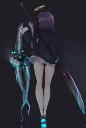 Rule 34 | 1girl, absurdres, abyssal ship, ass, black dress, blood, blue blood, breasts, colored blood, dress, enemy naval mine (kancolle), from behind, full body, glaive (polearm), halo, highres, holding, holding weapon, kantai collection, long sleeves, mechanical halo, medium breasts, medium hair, panties, polearm, purple hair, school uniform, short dress, solo, standing, tatsuta (kancolle), tiemu (man190), underwear, weapon, white panties