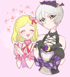 Rule 34 | 2girls, :d, bare shoulders, bat wings, blonde hair, blush, braid, breasts, closed eyes, closed mouth, cosplay, crescent, cropped torso, crossed arms, crown braid, detached sleeves, facing another, green eyes, grey hair, hair between eyes, hands up, heart, idol clothes, kurosu aroma, kurosu aroma (cosplay), looking at viewer, midorikaze fuwari, moudoku (decopon3rd), multiple girls, open mouth, own hands clasped, own hands together, pink background, pretty series, pripara, shikyoin hibiki, shiratama mikan, shiratama mikan (cosplay), short hair, simple background, small breasts, smile, sweatdrop, swept bangs, upper body, wings, wrist cuffs