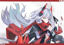 Rule 34 | 1girl, absurdres, alternate eye color, black shirt, breasts, closed mouth, commentary request, grey hair, headgear, headphones, highres, long hair, long sleeves, lucia: crimson abyss (punishing: gray raven), open clothes, open shirt, praysme, punishing: gray raven, red eyes, red scarf, scarf, shirt, sidelocks, small breasts, solo