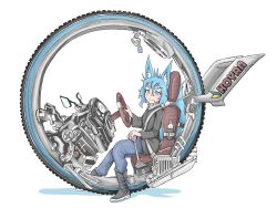 Rule 34 | 1girl, animal ears, blue eyes, blue hair, blue pants, bottle, brown footwear, closed mouth, commentary request, doitsuken, fox ears, from side, grey footwear, highres, long sleeves, looking at viewer, monowheel, original, pants, science fiction, simple background, sitting, smile, solo, wheel, white background