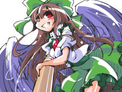 Rule 34 | 1girl, arm cannon, bow, brown hair, cape, grin, hair bow, long hair, red eyes, reiuji utsuho, shinapuu, simple background, sketch, skirt, smile, solo, third eye, touhou, weapon, white background, wings