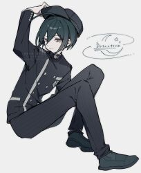 1boy adjusting_clothes adjusting_headwear ahoge black_hair black_jacket brown_eyes buttons collared_jacket commentary danganronpa_(series) danganronpa_v3:_killing_harmony double-breasted english_text eyelashes full_body grey_background hair_between_eyes highres holding jacket knees_up long_sleeves looking_at_viewer male_focus masyu_bimitalya pale_skin pants pinstripe_jacket pinstripe_pants pinstripe_pattern saihara_shuichi short_hair simple_background sitting sketch smile solo striped_clothes striped_jacket striped_pants vertical-striped_sleeves watermark