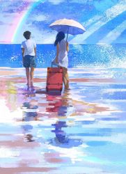 Rule 34 | 1boy, 1girl, arm at side, arms at sides, barefoot, beach, black hair, blue shorts, blue sky, commentary request, day, dress, from behind, gemi, highres, holding, holding umbrella, horizon, long hair, ocean, original, outdoors, puddle, rainbow, rolling suitcase, shirt, short sleeves, shorts, sky, sleeveless, sleeveless dress, standing, suitcase, sunlight, umbrella, walking, water, white dress, white shirt, white umbrella