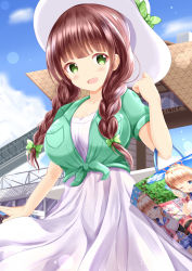 Rule 34 | 1girl, :d, bag, blue sky, blush, bow, braid, breasts, brown hair, cleavage, cloud, collarbone, commentary request, day, dress, gochuumon wa usagi desu ka?, green bow, green eyes, green jacket, hand up, hat, hat bow, highres, jacket, large breasts, long hair, open mouth, outdoors, short sleeves, side braids, sky, smile, solo, sun hat, tokyo big sight, twin braids, ujimatsu chiya, white dress, white hat, xenon (for achieve)