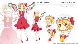 Rule 34 | 1girl, :d, artist name, ascot, blonde hair, bobby socks, bow, character name, character sheet, closed mouth, collarbone, collared shirt, danmaku!!, dot nose, english text, flandre scarlet, frilled hat, frilled sleeves, frills, hand up, hat, highres, large bow, looking at viewer, mary janes, mob cap, multiple views, open mouth, petticoat, pointy ears, puffy short sleeves, puffy sleeves, rainbow order, raised eyebrows, red eyes, red footwear, red shirt, red skirt, shirt, shoes, short hair, short sleeves, side ponytail, simple background, skirt, smile, socks, standing, standing on one leg, touhou, turnaround, wavy hair, white background, white bow, white hat, white legwear, wing collar, wings, wrist cuffs, yellow ascot, zoom layer