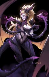 Rule 34 | 1girl, absurdres, alternate costume, alternate hair color, animal ears, armor, artist name, bangs pinned back, bare shoulders, blonde hair, breastplate, breasts, claws, cleavage, collarbone, crossed arms, dragon, dragon ears, dragon girl, dragon horns, dragon sorceress zyra, dragon tail, dragon wings, eyelashes, finger to mouth, forehead jewel, hand up, highres, horns, large breasts, league of legends, legs apart, lips, long hair, low wings, makeup, mascara, medium breasts, monster girl, navel, one eye closed, parted lips, ponytail, purple eyes, purple lips, scales, shoulder spikes, slit pupils, smile, solo, spikes, spread wings, steve zheng, stomach, tail, thigh gap, very long hair, wings, zyra