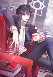 Rule 34 | 10s, 1boy, 2015, bad id, bad pixiv id, black hair, bloodline, book, bookshelf, cigarette, coffee mug, cup, dated, dutch angle, flower, hair between eyes, ichi yasushi, jewelry, looking at viewer, male focus, mouth hold, mug, pale skin, parted lips, petals, ring, rose, roy (bloodline), short eyebrows, signature, sitting, smoke, smoking, solo, yellow eyes