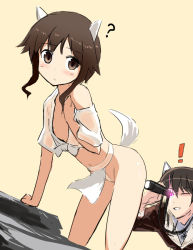 Rule 34 | !, 2girls, ?, adolfine galland, animal ears, bare shoulders, bent over, black hair, blush, brown eyes, crop top, embarrassed, exhibitionism, female pervert, flat chest, frown, fundoshi, glowing, grin, jacket, japanese clothes, leather, leather jacket, loincloth, looking at viewer, messy (efuya), midriff, mizu happi, multiple girls, navel, no bra, no pants, off shoulder, one eye closed, pervert, public indecency, see-through, short hair, sketch, smile, strike witches, tail, takei junko, telescope, wink, world witches series, yuri