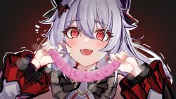 Rule 34 | 1girl, :d, @ @, bat hair ornament, blush, condom, condom packet strip, condom wrapper, earrings, fangs, grey hair, hair between eyes, hair ornament, heart, heart-shaped pupils, highres, holding, holding condom, honkai (series), honkai impact 3rd, jewelry, long hair, long sleeves, looking at viewer, theresa apocalypse (luna kindred), mini2chainz, open mouth, red eyes, shukusei!! loli-gami requiem, smile, solo, symbol-shaped pupils, theresa apocalypse, theresa apocalypse (lunar vow: crimson love)