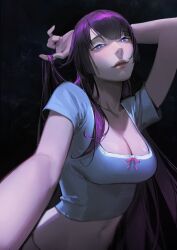 Rule 34 | 1girl, absurdres, arm up, bakemonogatari, black background, blue eyes, blue shirt, bow, breasts, bright pupils, cleavage, collarbone, commentary, crop top, eyelashes, foreshortening, highres, large breasts, limart, lips, long hair, looking at viewer, midriff, monogatari (series), navel, outstretched arm, pink bow, purple hair, romaji commentary, senjougahara hitagi, shirt, short sleeves, sidelocks, solo, upper body, white pupils