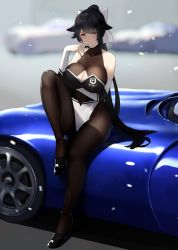 Rule 34 | 1girl, arm support, arm warmers, azur lane, bad id, bad pixiv id, bare shoulders, black footwear, black hair, black nails, black pantyhose, blush, bow, breasts, car, cleavage, cleavage cutout, clothing cutout, finger to mouth, hair bow, hayabusa (vert 320), head tilt, highres, impossible clothes, leg up, leotard, long hair, looking at viewer, motor vehicle, nail polish, navel cutout, on vehicle, pantyhose, ponytail, see-through, sitting, skindentation, solo, takao (azur lane), takao (full throttle charmer) (azur lane), very long hair, white leotard, yellow eyes